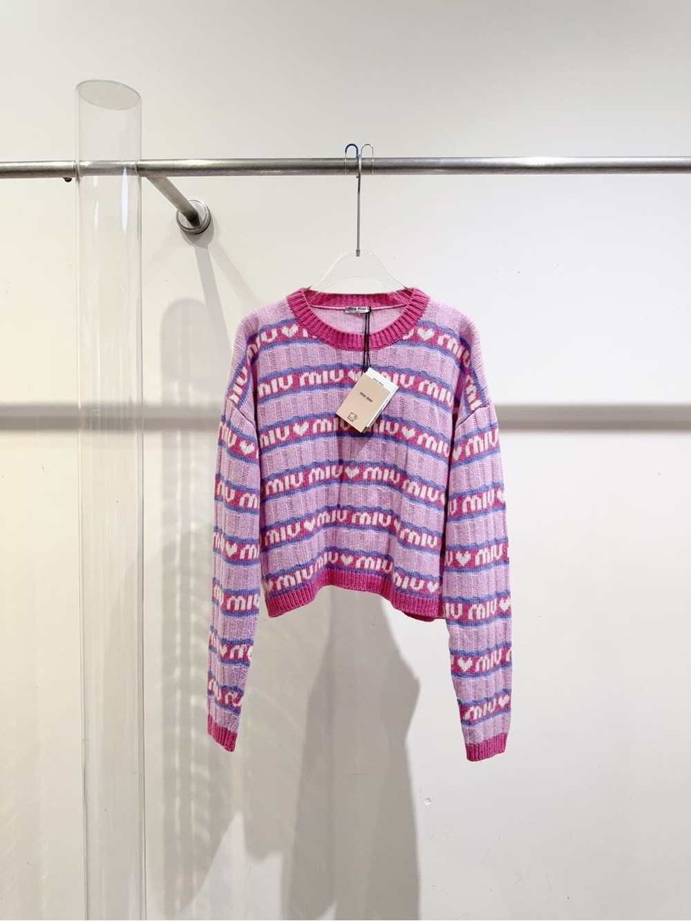 Miu Miu Pink & Lavender Logo Stripe Crewneck Sweater